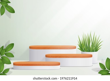 Abstract minimal scene with geometric platforms. Wood  podium in white background for cosmetic product presentation. 3d geometric pedestal vector. 

