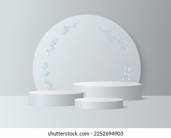 
Abstract minimal scene with geometric shapes. cylindrical white podium on a white background with leaves. product presentation, mockup, cosmetic product display, podium, stage pedestal or platform. 