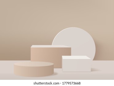 Abstrakte minimale Szene mit geometrischen Formen. Hintergrund, Vektorgrafik 3D-Cremes, die mit Podium dargestellt wird. Abstrakter Hintergrund. Schauen Sie nach, um Kosmetiktüten zu zeigen. Showcase, Shopfront, 3D-Rendervektor.