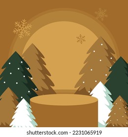 Abstract minimal scene layout. Geometric shape of the podium for the demonstration of a cosmetic product. Stage pedestal or platform. Winter christmas gold background with fir tree. Vector 