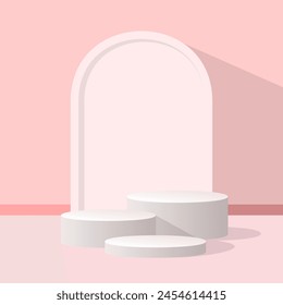 Abstract minimal scene on a calm pink background with a cylindrical podium. Stage mockup showcase for products, banners, sales, presentations, cosmetics, discounts and etc. Vector eps 10.