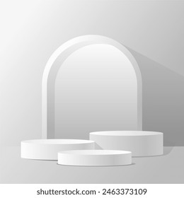 Abstract minimal scene on a calm white background with a cylindrical podium. Stage mockup showcase for products, banners, sales, presentations, cosmetics, discounts and etc. Vector eps 10.