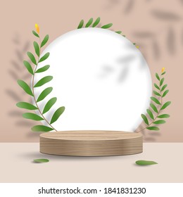 Abstract Minimal Scene On Pastel Background With Cylinder Podium And Leaves. Stage Mockup Showcase For Product, Banner, Sale, Presentation, Cosmetic And Discount. 3d Vector Illustration.