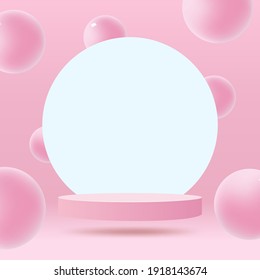 Abstract minimal scene on pastel background with cylinder podium and pink balls. Stage mockup showcase for product, banner, sale, presentation, cosmetic and discount. 3d vector illustration