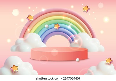 Abstract Minimal Scene with Podium Platform Stage Product and Rainbow with Clouds for Ad. Vector illustration