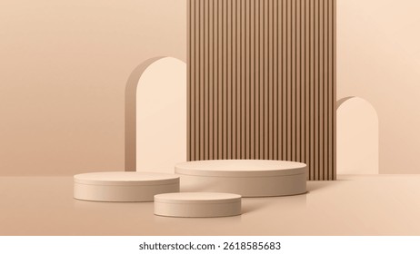 Abstract minimal scene. Minimal podium with soft material base. Soft podium stages and product showcase platform with covers and golden in round and square shape. 