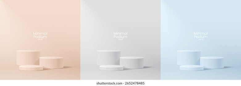 Abstract minimal scene. Minimal podium with soft material base. Soft podium stages and product showcase platform with covers and golden in round and square shape. 