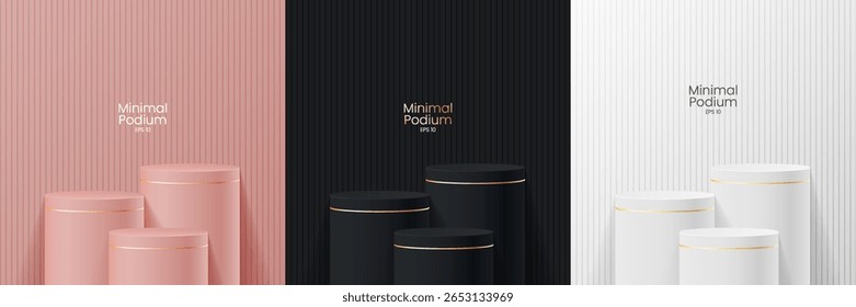 Abstract minimal scene. Minimal podium with soft material base. Soft podium stages and product showcase platform with covers and golden in round and square shape. 