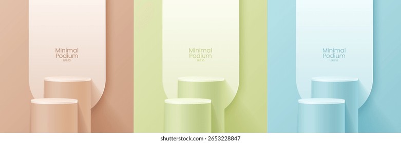 Abstract minimal scene. Minimal podium with soft material base. Soft podium stages and product showcase platform with covers and golden in round and square shape. 