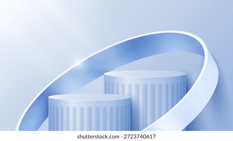 Abstract minimal scene. Minimal podium with soft material base. Soft podium stages and product showcase platform covers with ring shape. 