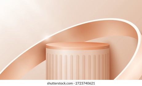 Abstract minimal scene. Minimal podium with soft material base. Soft podium stages and product showcase platform covers with ring shape. 