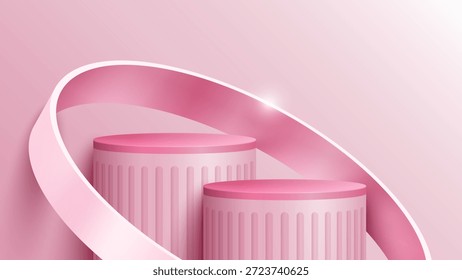 Abstract minimal scene. Minimal podium with soft material base. Soft podium stages and product showcase platform covers with ring shape. 