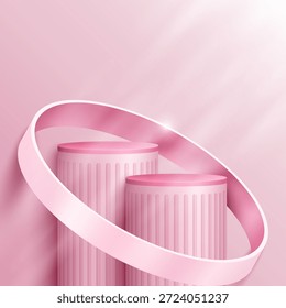 Abstract minimal scene. Minimal podium with soft material base. Soft podium stages and product showcase platform covers with ring shape. 