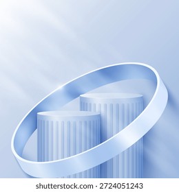 Abstract minimal scene. Minimal podium with soft material base. Soft podium stages and product showcase platform covers with ring shape. 