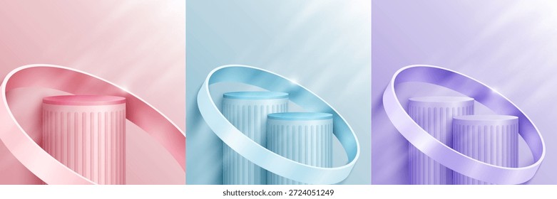 Abstract minimal scene. Minimal podium with soft material base. Soft podium stages and product showcase platform covers with ring shape. 