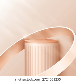 Abstract minimal scene. Minimal podium with soft material base. Soft podium stages and product showcase platform covers with ring shape. 