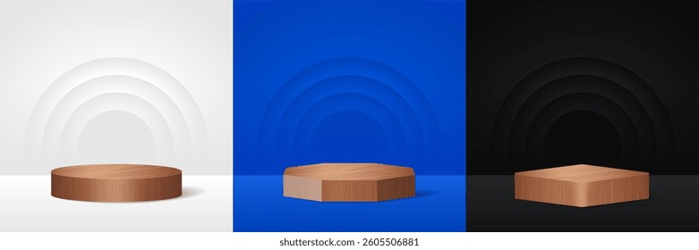 Abstract minimal scene. Minimal podium with wooden base. Wooden podium stages and product showcase platform with wood covers and golden in round and square shape. 