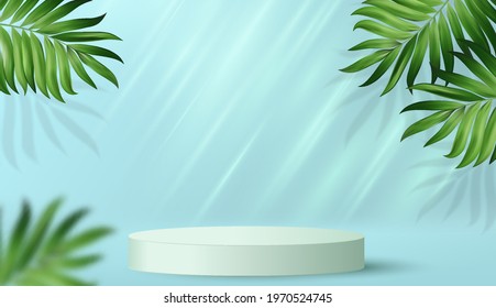Abstract minimal scene with product stand. Cylinder luminous podium on a blue turquoise background with leaves. Show cosmetic product presentation mockup. Pedestal podium platform. 3D vector.