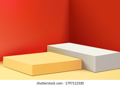 Abstract minimal scene with red and yellow geometric cubes, for food or cosmetic product display use, 3d illustration