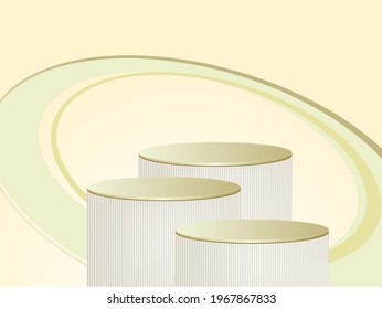 Abstract minimal scene with three podiums as stages for luxury objects, geometric platforms. Vector graphic with podiums.