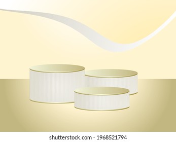 Abstract minimal scene with three podiums as stages for luxury objects, geometric platform. Vector graphic with podiums.