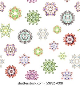 Abstract minimal seamless pattern background. Vector neutral, green and blue snowflakes on white background.