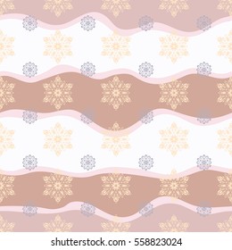 Abstract minimal seamless pattern background. Vector beige and neutral snowflakes on wave background.