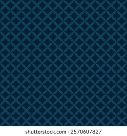 Abstract minimal seamless pattern. Simple vector geometric floral ornament. Dark blue elegant background texture with small flower silhouettes, leaves, lattice, curved lines, mesh. Repeated geo design