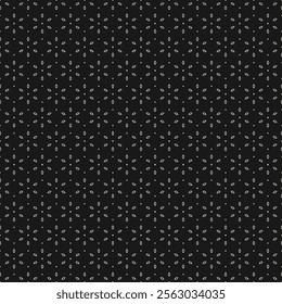 Abstract minimal seamless pattern with small flower geometric shapes, tiny snowflake silhouettes. Vector minimalist black and white floral background. Simple elegant texture. Repeated dark geo design