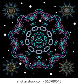 Abstract minimal set of five vector blue and violet snowflakes on a black background.