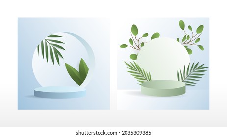 Abstract minimal set product display with green plant leaves presentation in blue background ,podium display minimal, illustration 3d Vector EPS 10