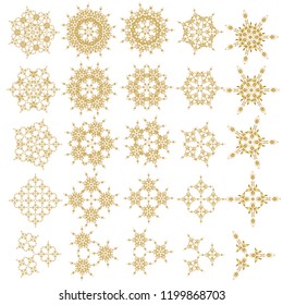 Abstract minimal set of twenty five vector golden snowflakes on a white background.