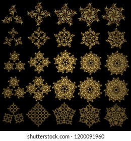 Abstract minimal set of twenty five vector golden snowflakes on a black background.