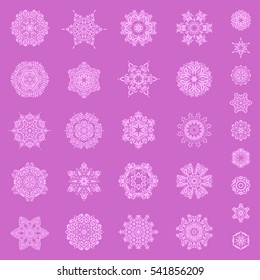 Abstract minimal set of twenty nine vector snowflakes on a violet background.