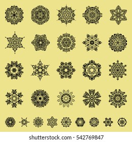Abstract minimal set of twenty nine vector snowflakes on a neutral background.