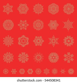 Abstract minimal set of twenty nine vector snowflakes on a red background.