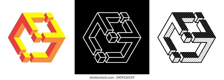 Abstract minimal shape. Isolated geometric designs. Impossible shape. Optical illusion. Vector illustration.