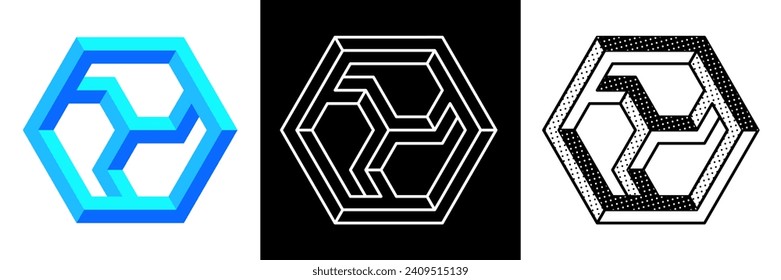Abstract minimal shape. Isolated geometric designs. Impossible shape. Optical illusion. Vector illustration.