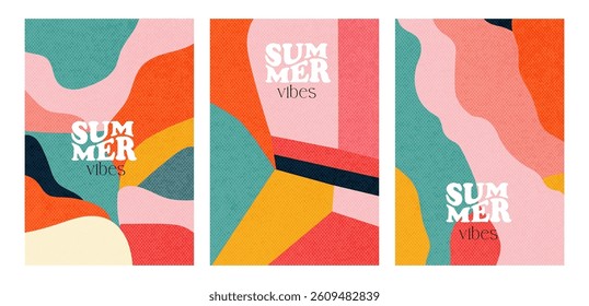 Abstract minimal summer covers set with vintage paper texture and typography design. Summer holidays, journey, vacation travel illustrations. Flat hand drawn vector backgrounds