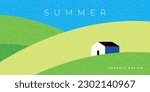 Abstract minimal summer horizontal poster, cover, banner, card with blue sky, green fields, farm house and modern typography. Summer holidays, nature landscape illustration. Promo ads design template