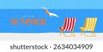 Abstract minimal summer horizontal poster, cover, banner, card with bright sea, blue sky and striped beach chairs. Summer holidays, journey, vacation travel illustration. Promo ads design template