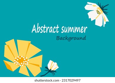 Resumen póster horizontal mínimo de verano, portada, tarjeta con cosmos amarillo y blanco sobre fondo azul. Vacaciones, concepto de verano de la ilustración floral de la naturaleza. Plantilla de diseño de anuncios promocionales