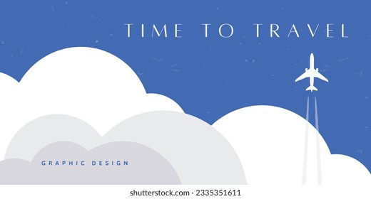 Abstract minimal summer horizontal poster, cover, card with blue sky, plane in the clouds and modern typography. Summer holidays, journey, vacation travel illustration. Travel ads design template