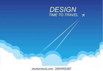 Abstract minimal summer horizontal poster, cover, card with blue sky, plane in the clouds and modern typography. Summer holidays, journey, vacation travel illustration. Promo ads design template