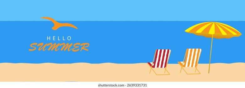 Abstract minimal summer horizontal poster, cover, banner, with bright sea, blue sky and striped beach chairs. Summer vacation illustration, holiday travel. Promo ad design template. vector