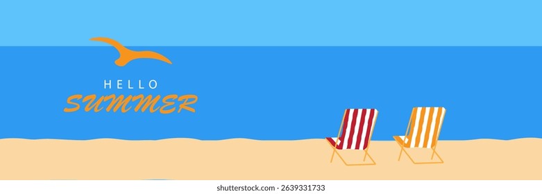 Abstract minimal summer horizontal poster, cover, banner, with bright sea, blue sky and striped beach chairs. Summer vacation illustration, holiday travel. Promo ad design template. vector