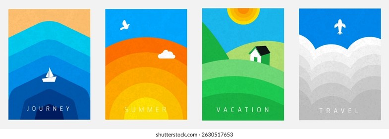 Abstract minimal summer poster, banner, background, card or book cover set with sunny beach view, sand, sea shore with blue wave and mountains, houses. Travel concept, holidays, vacation vector.