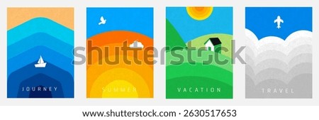 Abstract minimal summer poster, banner, background, card or book cover set with sunny beach view, sand, sea shore with blue wave and mountains, houses. Travel concept, holidays, vacation vector.