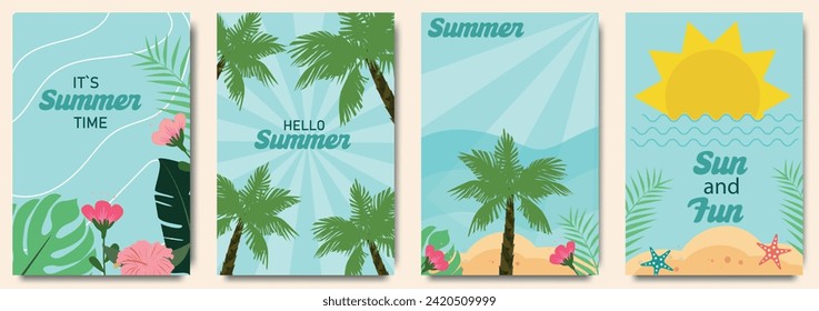 Abstract minimal summer poster, cover, card set with nature landscape, sun,tropical flowers, palms in the sea, fields and typography design. Summer holidays, journey, vacation travel illustrations