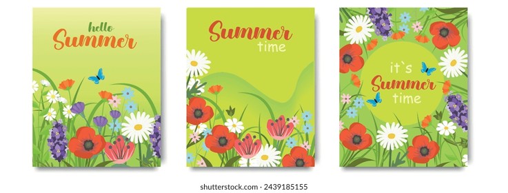 Abstract minimal summer poster, cover, card set with wildflowers and typography design. Summer holidays, journey, wallpapers, banners, flyers, invitations, posters